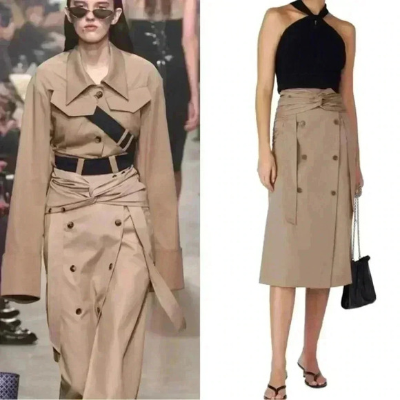 Rokh Midi Skirt 38 4 S Brown Beige Tan Twist Front Button Embellished Cotton - Picture 1 of 16